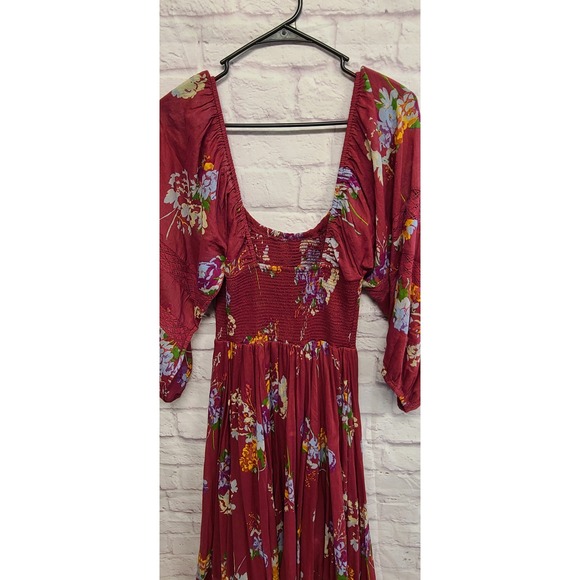 Free People Floral Smocked Midi Dress Burgundy Red XL/XS New With Flaws - Picture 13 of 15